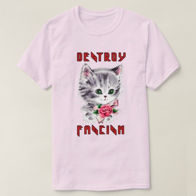 Camiseta Cute Retro Kitten - Destrua o fascismo (Frente do Design)