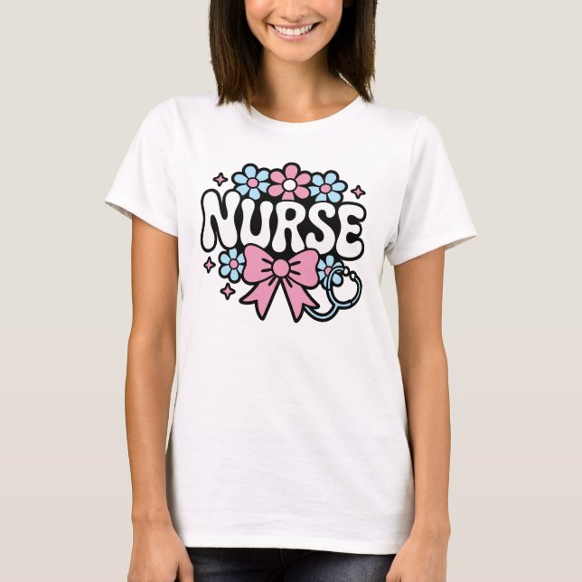 Camiseta Cute Retro Nurse Design with Flowers and Bow  (Frente)