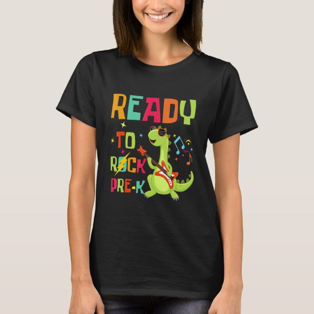 Camiseta Cute Rex Dino Playing Guitar Ready To Rock PRE K T (Frente)