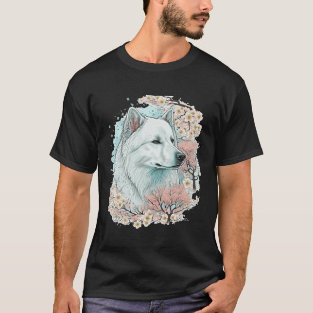 Camiseta Cute Samoyed Cherry Blossom Dog Breed Japanese Sak (Frente)