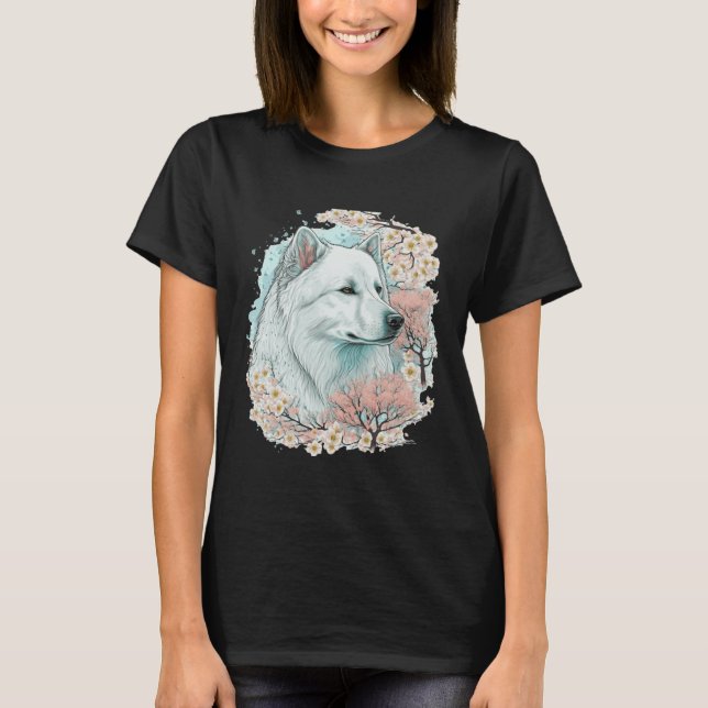 Camiseta Cute Samoyed Cherry Blossom Dog Breed Japanese Sak (Frente)