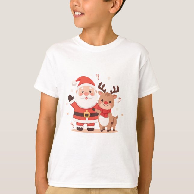 Camiseta Cute Santa & Reindeer Christmas T-Shirt (Frente)