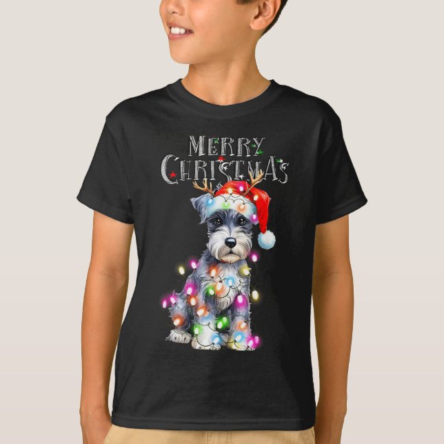 Camiseta Cute Schnauzer Christmas Lights Xmas Dog Santa Hat (Frente)