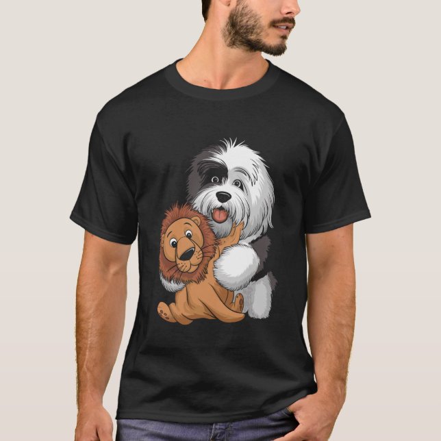 Camiseta Cute Sheepdog Holding Teddy Bear with Hearts (Frente)