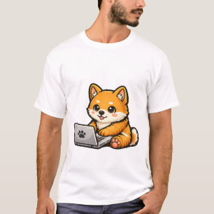 Camiseta Cute Shiba Inu com Laptop – Ilustração de Cachorro