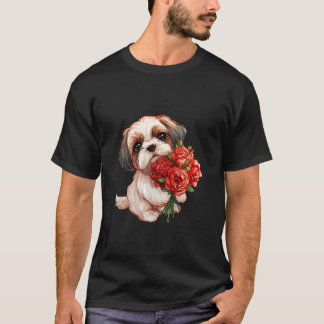 Camiseta Cute Shih Tzu Puppy Dog Holding Red Roses Floral D