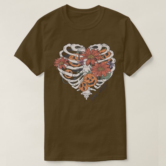 Camiseta Cute Skeleton Heart Rib Flower Pumpkin Spooky Hall (Frente do Design)
