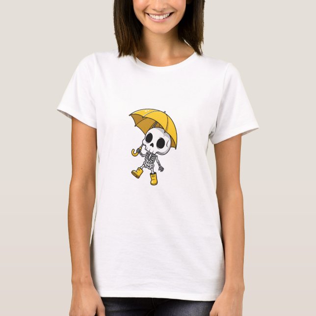 Camiseta Cute Skeleton Holding Yellow Umbrella Wearing Rain (Frente)
