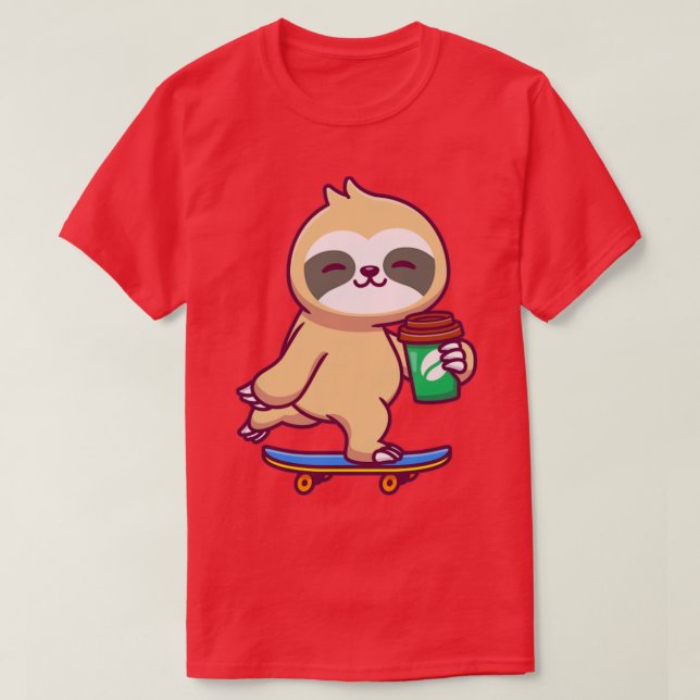 Camiseta Cute Sloth Skateboard E Segurando Café (Frente do Design)