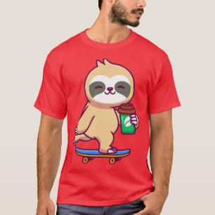Camiseta Cute Sloth Skateboard E Segurando Café