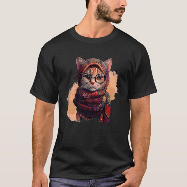 Camiseta Cute Smart Cat in Glasses Wearing Hijab Muslim Wom (Frente)