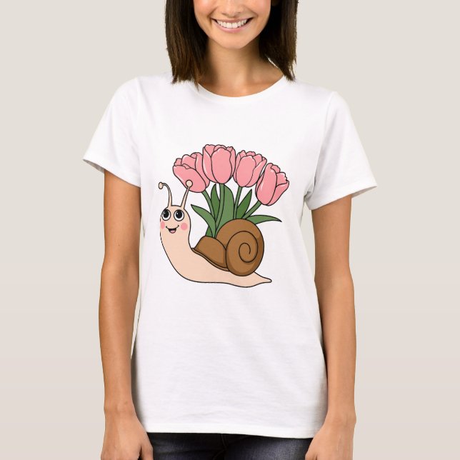 Camiseta Cute Snail with Tulips Floral Spring Garden Design (Frente)
