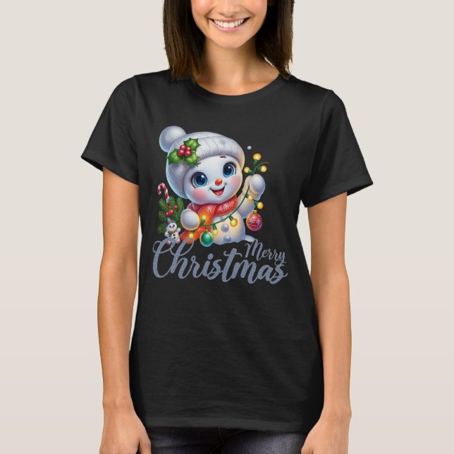 Camiseta Cute Snowgirl Merry Christmas Lights Tee (Frente)