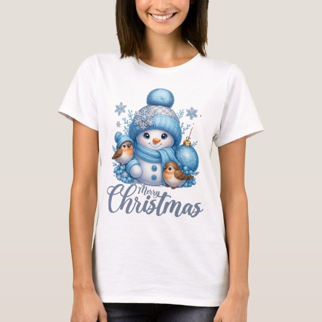 Camiseta Cute Snowman and Winter Birds Christmas (Frente)