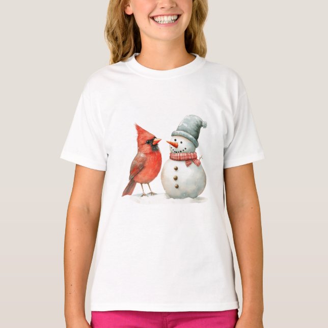 Camiseta Cute Snowman with Bird Winter Christmas Scene (Frente)