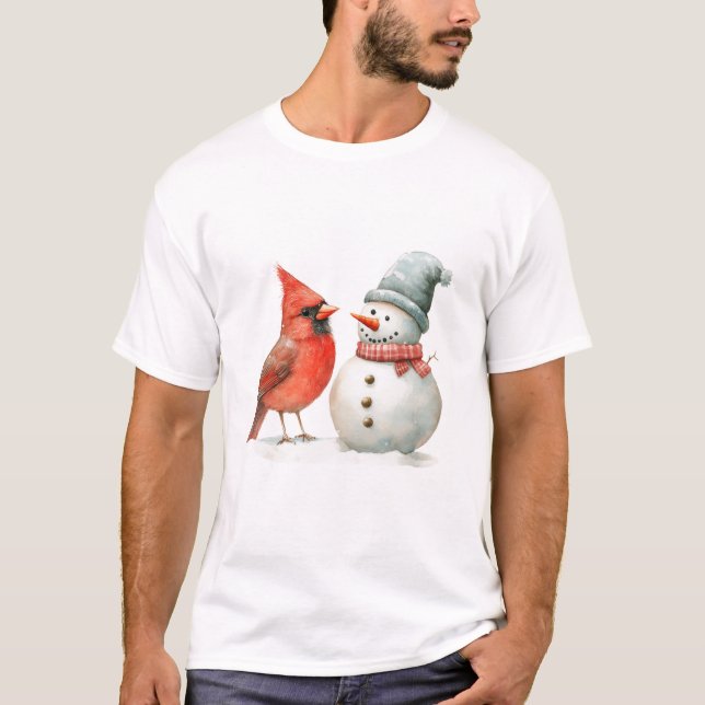 Camiseta Cute Snowman with Bird Winter Christmas Scene (Frente)