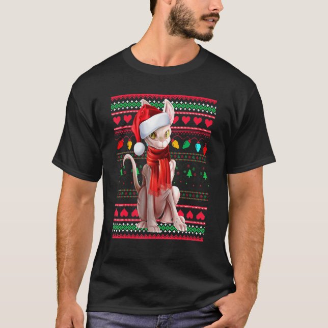 Camiseta Cute Sphynx Cat Wearing Santa Hat Celebrate Christ (Frente)