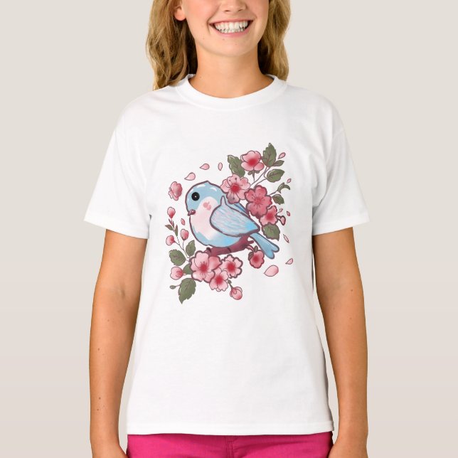 Camiseta Cute Spring Bluebird & Cherry Blossom Watercolor A (Frente)