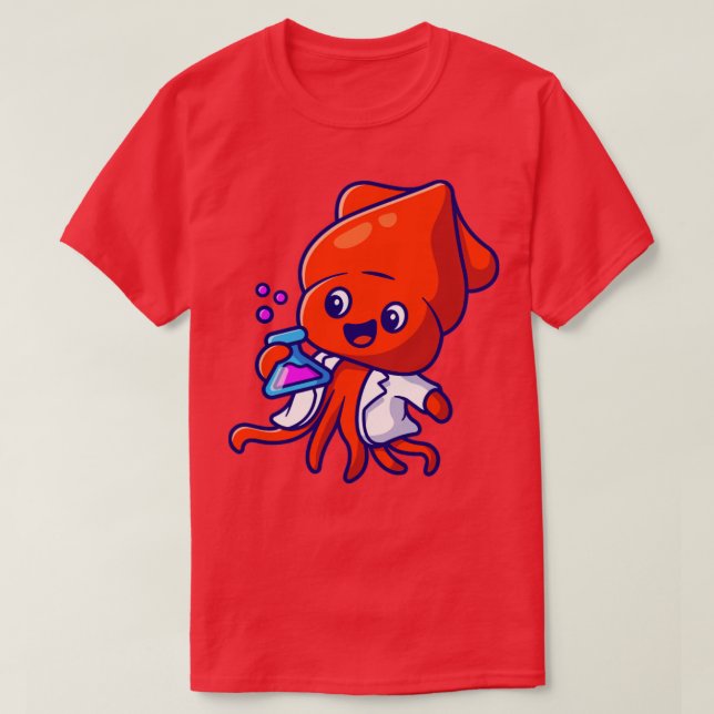 Camiseta Cute Squid Scientist Mantendo Cartoon (Frente do Design)
