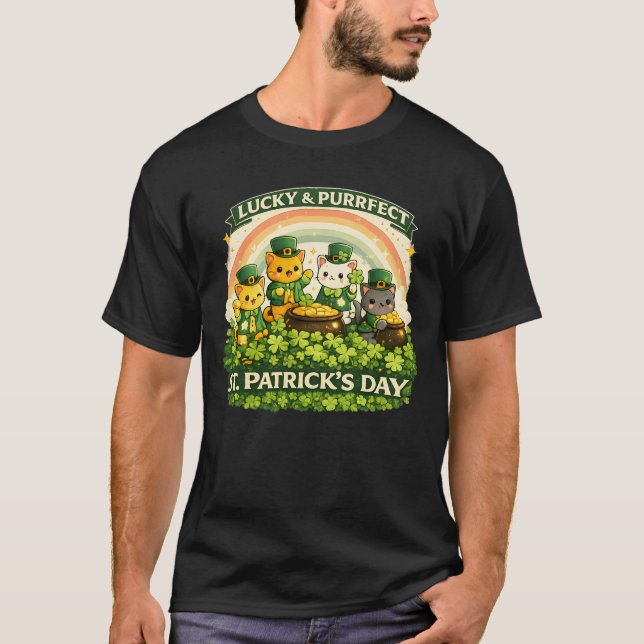 Camiseta Cute St. Catrick's Day Lucky Cats & Rainbow Men's  (Frente)