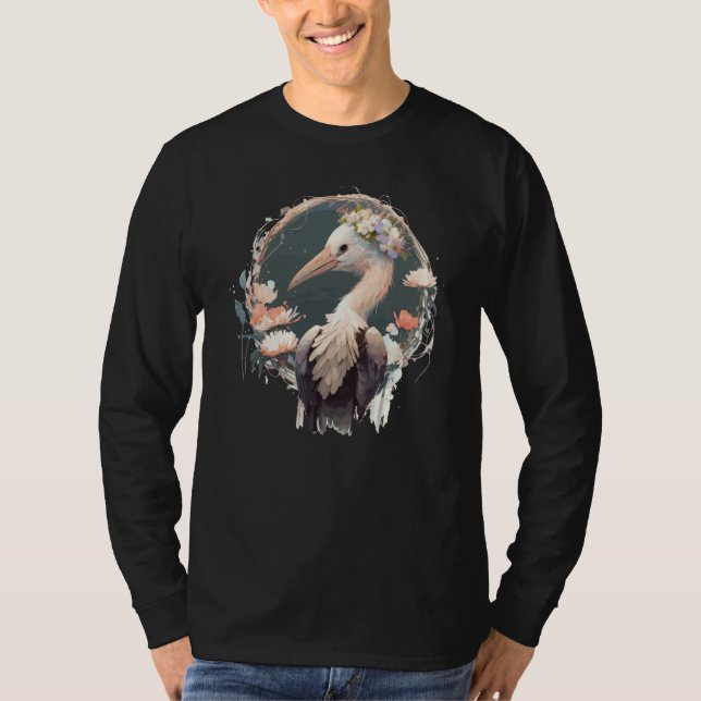 Camiseta Cute Stork Bird Flower Crown Floral Birds (Frente)