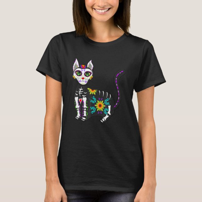 Camiseta Cute Sugar Skull Mexican Cat Halloween Day Of The  (Frente)