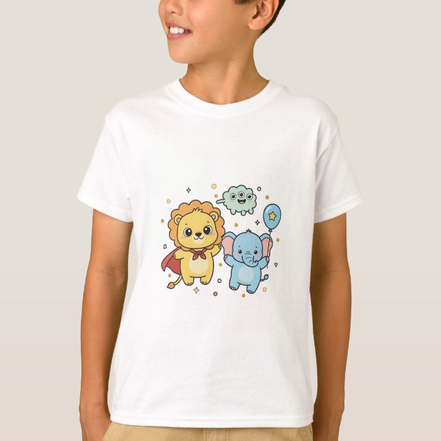 Camiseta Cute Superhero Lion and Elephant Friends Cartoon (Frente)