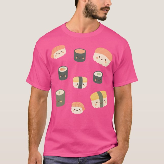 Camiseta Cute Sushi Pattern Kawaii - Ilustração de Comida J (Frente)