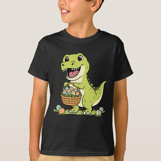 Camiseta Cute T-Rex Dinosaur Easter Egg Basket Kids T-Shirt (Frente)