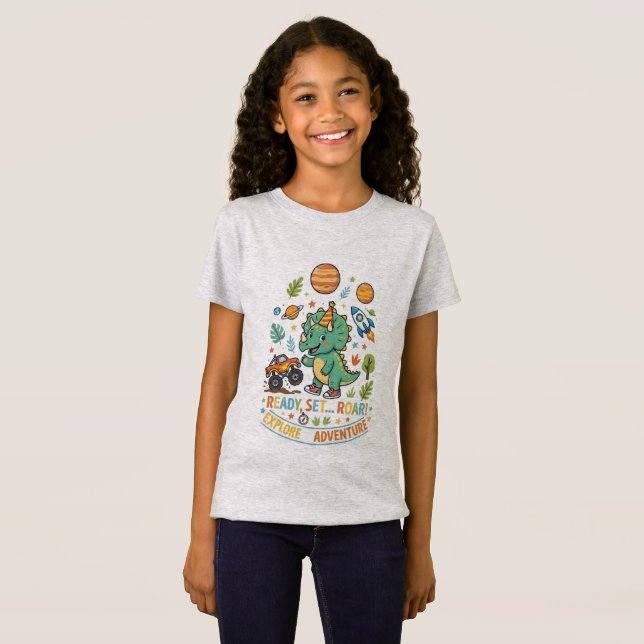 Camiseta Cute T-Rex Dinosaur Ready Set Roar Adventure Kids (Frente Completa)