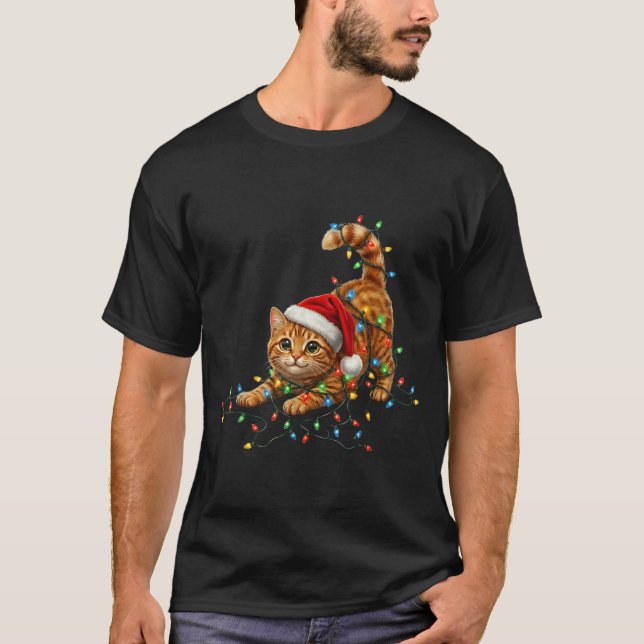 Camiseta Cute Tabby Cat Christmas Funny Lights Xmas Cat In  (Frente)
