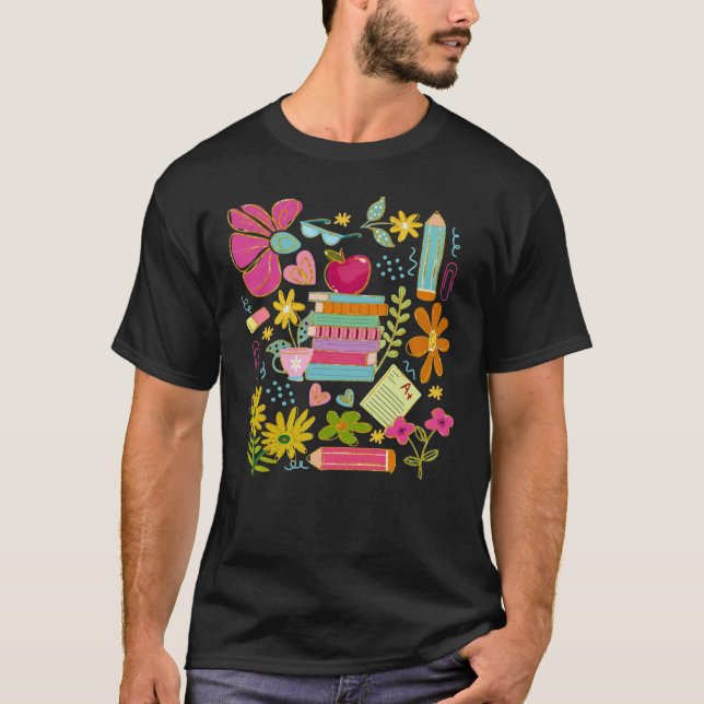 Camiseta Cute Teacher Doodle Art – Books, Flowers & School (Frente)
