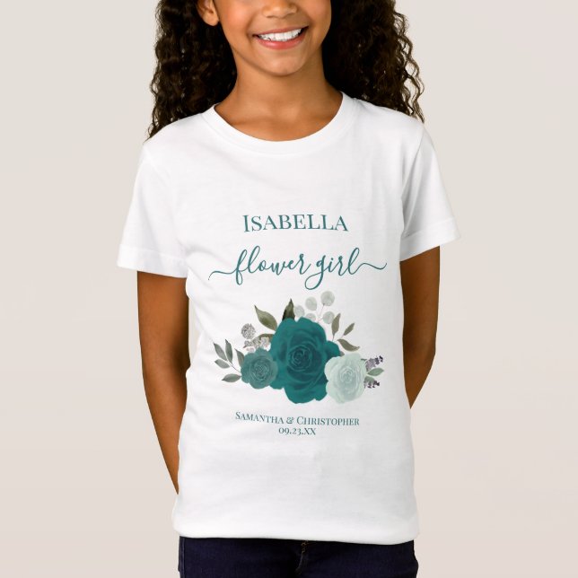 Camiseta Cute Teal & Aqua Roses Flower Girl Gift Wedding (Frente)