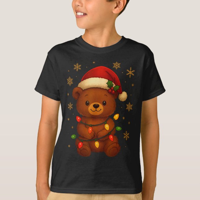 Camiseta Cute Teddy Bear Christmas Tree Lights Santa Hat Fu (Frente)