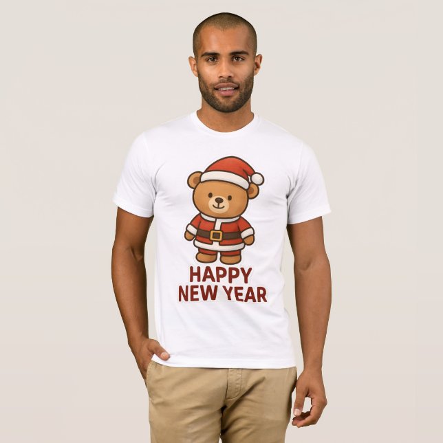 Camiseta Cute Teddy Bear Santa Happy New Year Sticker (Frente Completa)