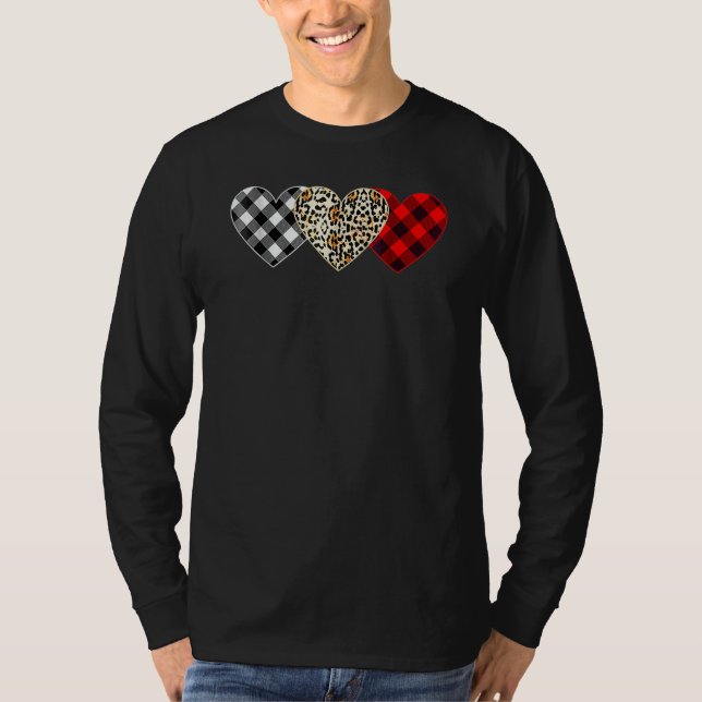 Camiseta Cute Three Heart Leopard Buffalo Red Black Plaid V (Frente)