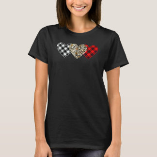Camiseta Cute Three Heart Leopard Buffalo Red Black Plaid V