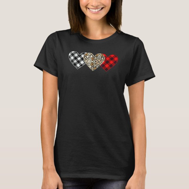 Camiseta Cute Three Heart Leopard Buffalo Red Black Plaid V (Frente)