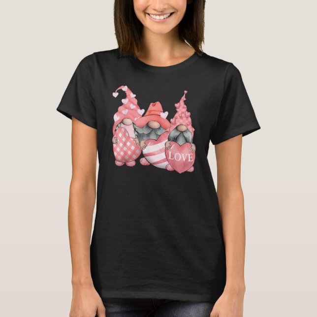 Camiseta Cute Three Pink Gnomes Holding Hearts Funny Valent (Frente)