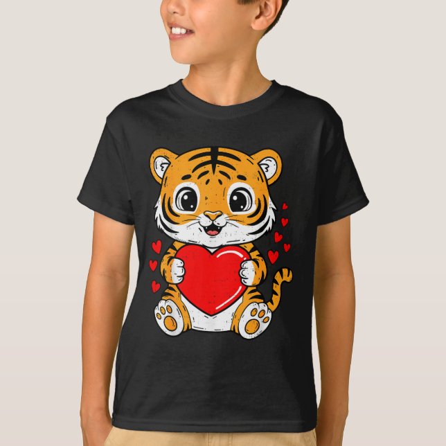 Camiseta Cute Tiger Holding Heart Kawaii Valentines Day Men (Frente)