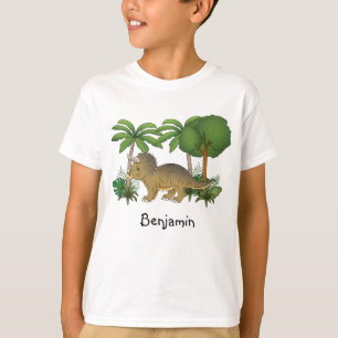 Camiseta Cute Triceratops Dinossauro Com Árvores E Plantas