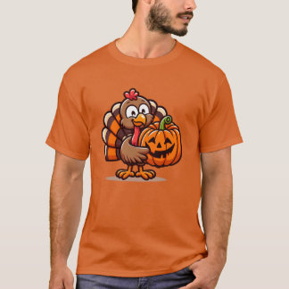 Camiseta Cute Turkey Posing with Pumpkin Autumn Harvest Ani