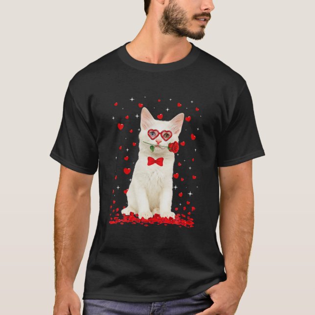 Camiseta Cute Turkish Angora Cat Glasses Heart Flower Valen (Frente)