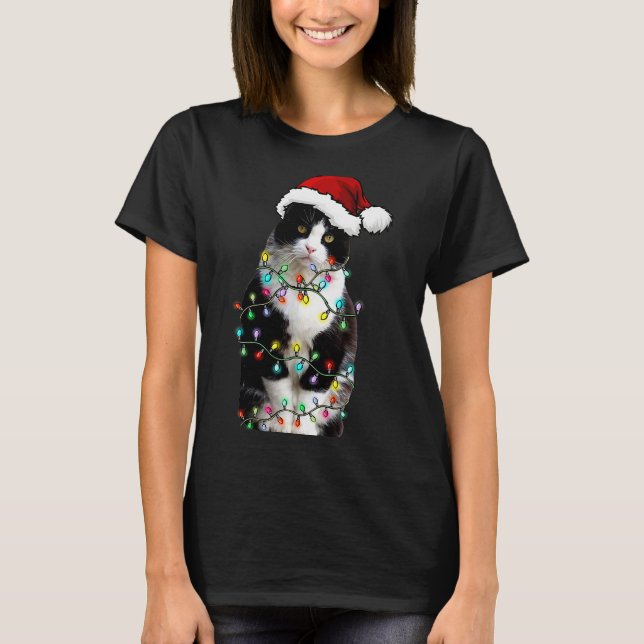 Camiseta Cute Tuxedo Black Cat Christmas Light Cat Christma (Frente)