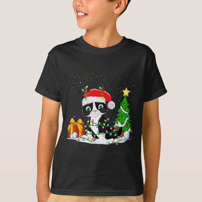 Camiseta Cute Tuxedo Cat Santa Christmas Tree Lights Xmas T (Frente)