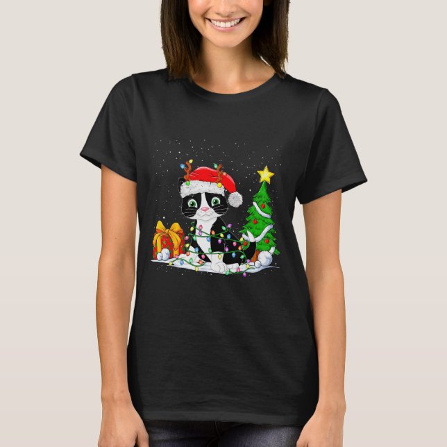 Camiseta Cute Tuxedo Cat Santa Christmas Tree Lights Xmas T (Frente)