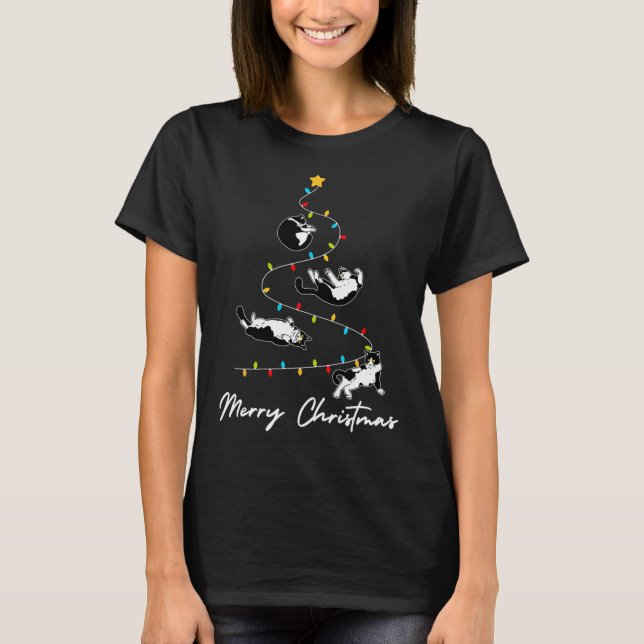 Camiseta Cute Tuxedo Gato Luzes De Árvore De Natal Propriet (Frente)