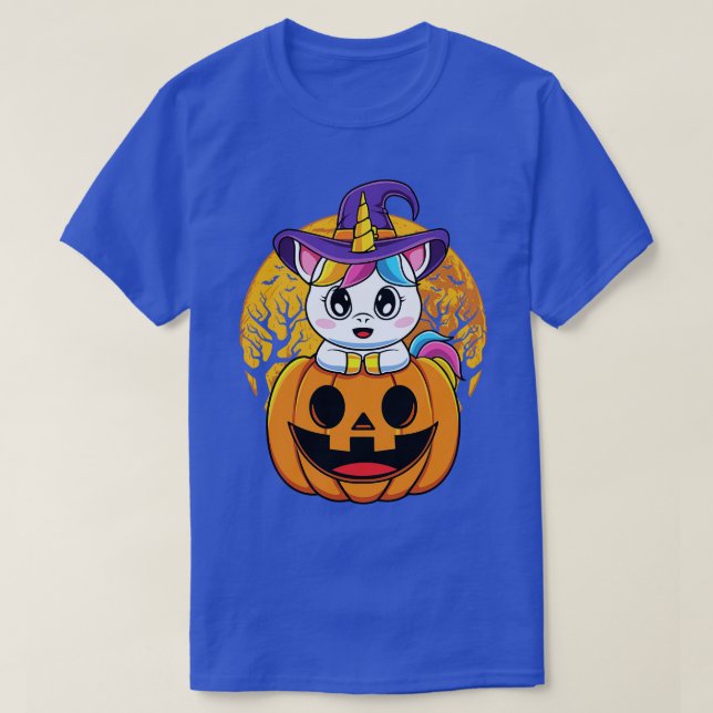 Camiseta Cute Unicorn Coçando O Lanterna Pumpkin Halloween (Frente do Design)