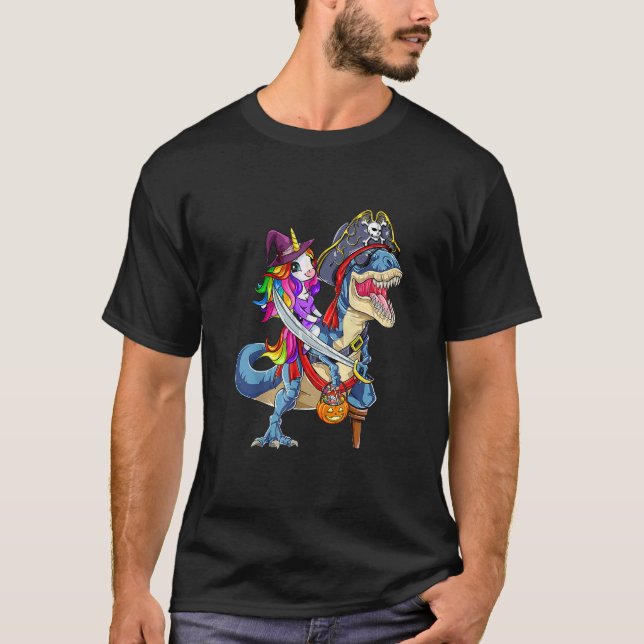 Camiseta Cute Unicorn Witch Riding Dinosaur Pumpkin Hallowe (Frente)