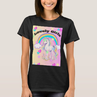 Camiseta Cute Unicórnio Arco-íris Estrelas & Corações Magia